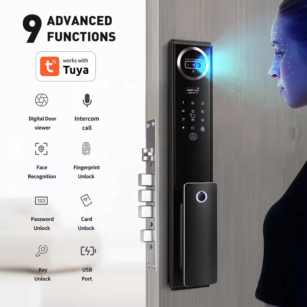 TFT LCD Tuya Wi-Fi 3D Face Visual Fingerprint Smart Door Lock With Video Intercom