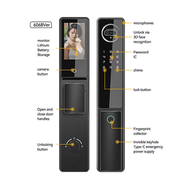 TFT LCD Tuya Wi-Fi 3D Face Visual Fingerprint Smart Door Lock With Video Intercom