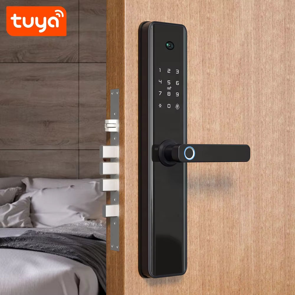 Smart door handle with digital keypad on a wooden door, Tuya logo visible