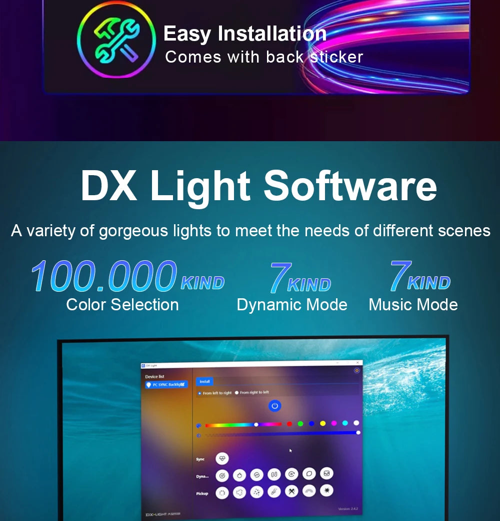 Smart Ambient Backlight Display Lighting Sync LED Strip Light with RGB Atmosphere Light Decor Lamp Color for your TV or Gaming PC