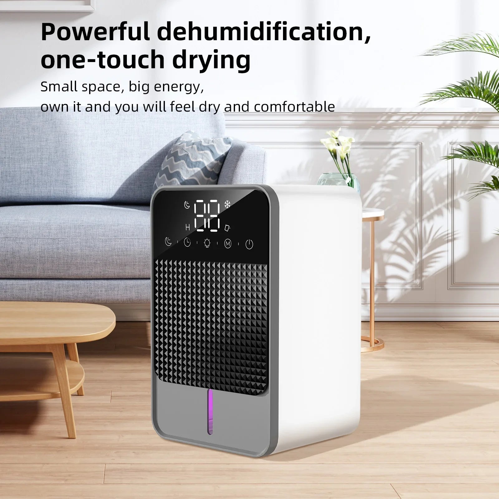 Small Dehumidifier with Digital Touch Screen Auto Defrost Funtion 2 Gears Dehumidification 6 Timing Setting Water Full Reminder