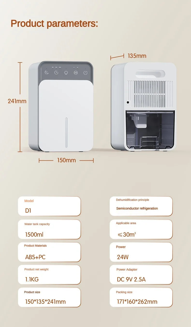 Household Dehumidifier, 1.5L Water Tank Dehumidifier, Low Noise Dehumidifier, Intelligent Defrosting Dehumidifier, Home Moisture Control, Quiet Dehumidifier for Home, Smart Dehumidifier with Timer, Compact Home Dehumidifier, Energy-Efficient Dehumidifier, Dehumidifier with Timing Lights