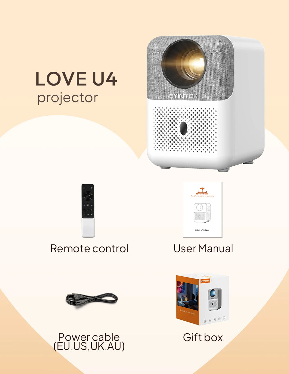 BYINTEK LOVE U4 Projector, 4K Portable Projector, Smart Wifi Projector, Android 9.0 Projector, Full HD 1080P Projector, Home Movie Theater Projector, Portable Projector for Home, Video Projector with WiFi, Compact 4K Projector, Best Home Theater Projector