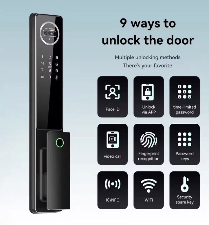 TFT LCD Tuya Wi-Fi 3D Face Visual Fingerprint Smart Door Lock With Video Intercom