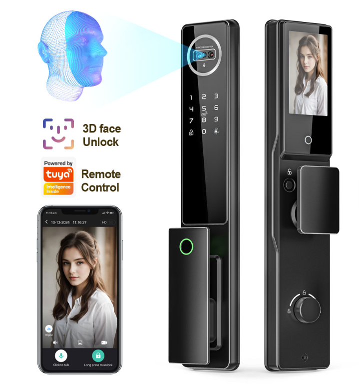TFT LCD Tuya Wi-Fi 3D Face Visual Fingerprint Smart Door Lock With Video Intercom