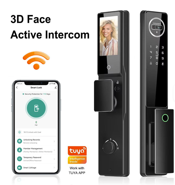 TFT LCD Tuya Wi-Fi 3D Face Visual Fingerprint Smart Door Lock With Video Intercom
