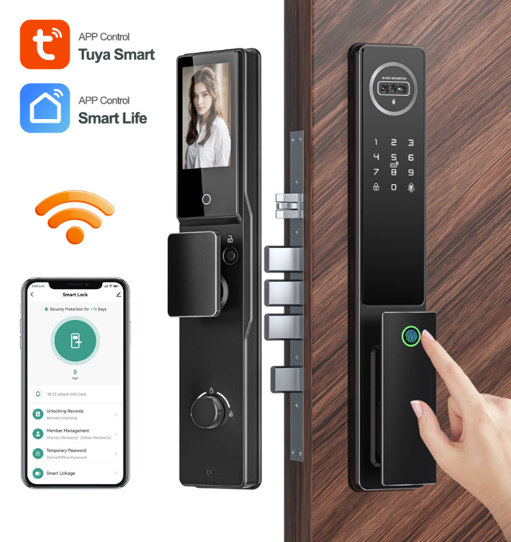TFT LCD Tuya Wi-Fi 3D Face Visual Fingerprint Smart Door Lock With Video Intercom