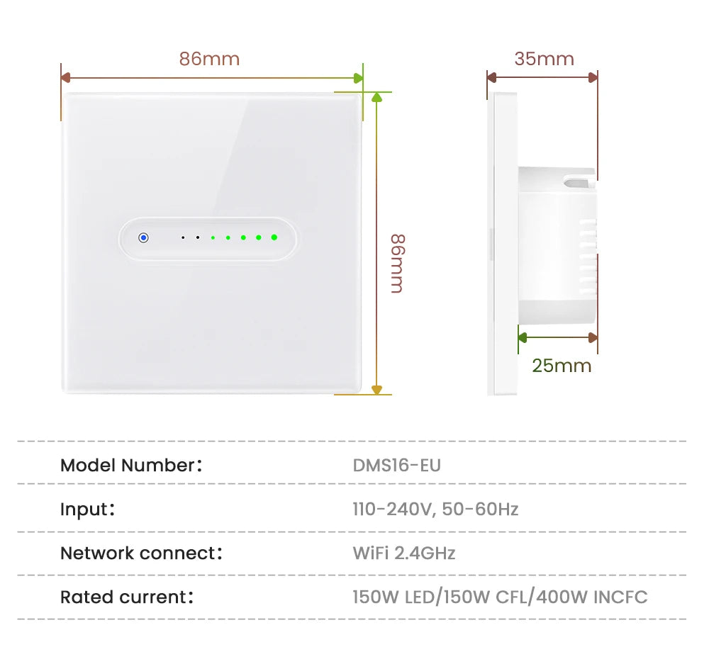 AVATTO WiFi Smart Dimmer Switch with Sliding Indicator Light,EU stand Groove Design,Smart Life APP Remote Control